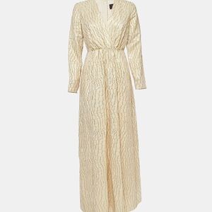 Max Mara Cream/metallic Gold Brocade Silk Long Sleeve Maxi Dress S